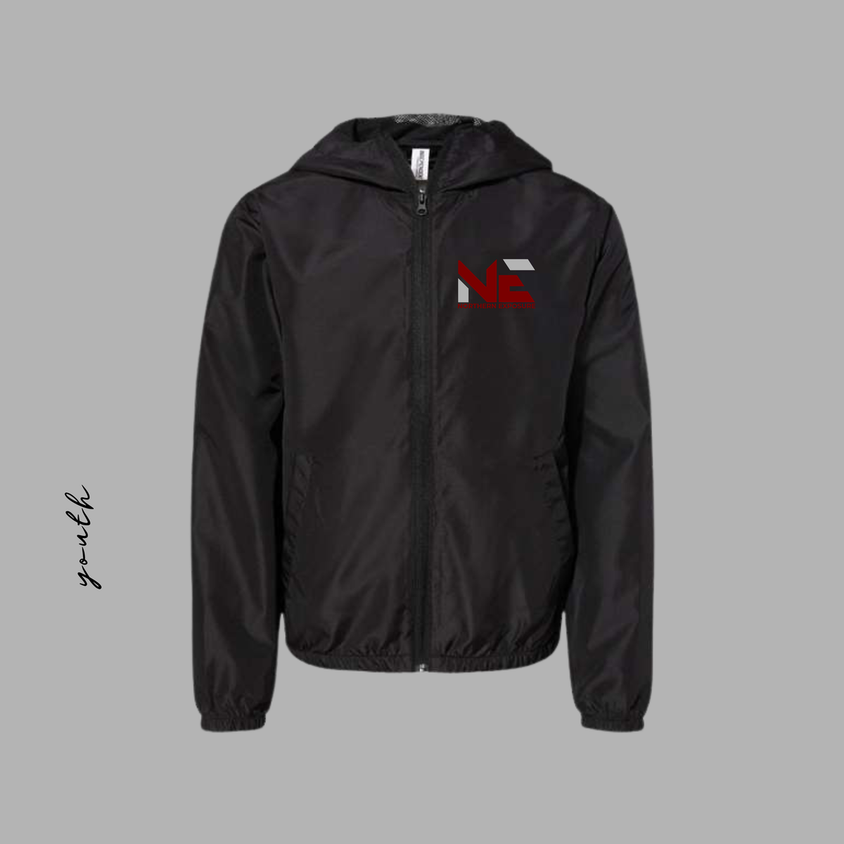 NEF26 YOUTH Embroidered Black Full Zip Windbreaker