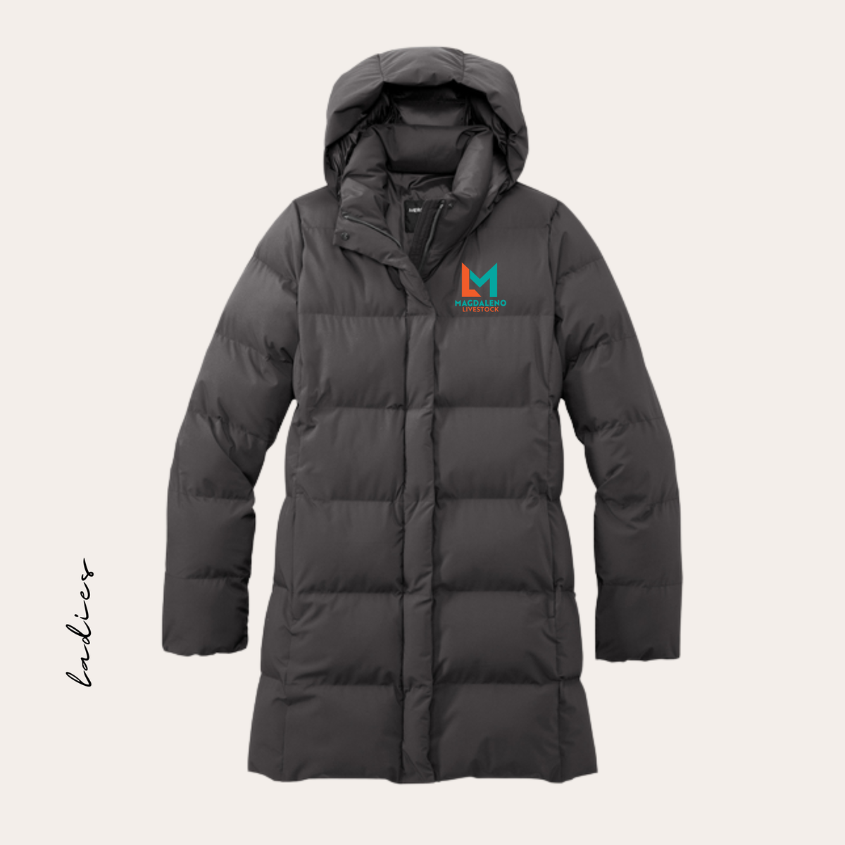 ML26 Embroidered Charcoal Long Women's Puffer