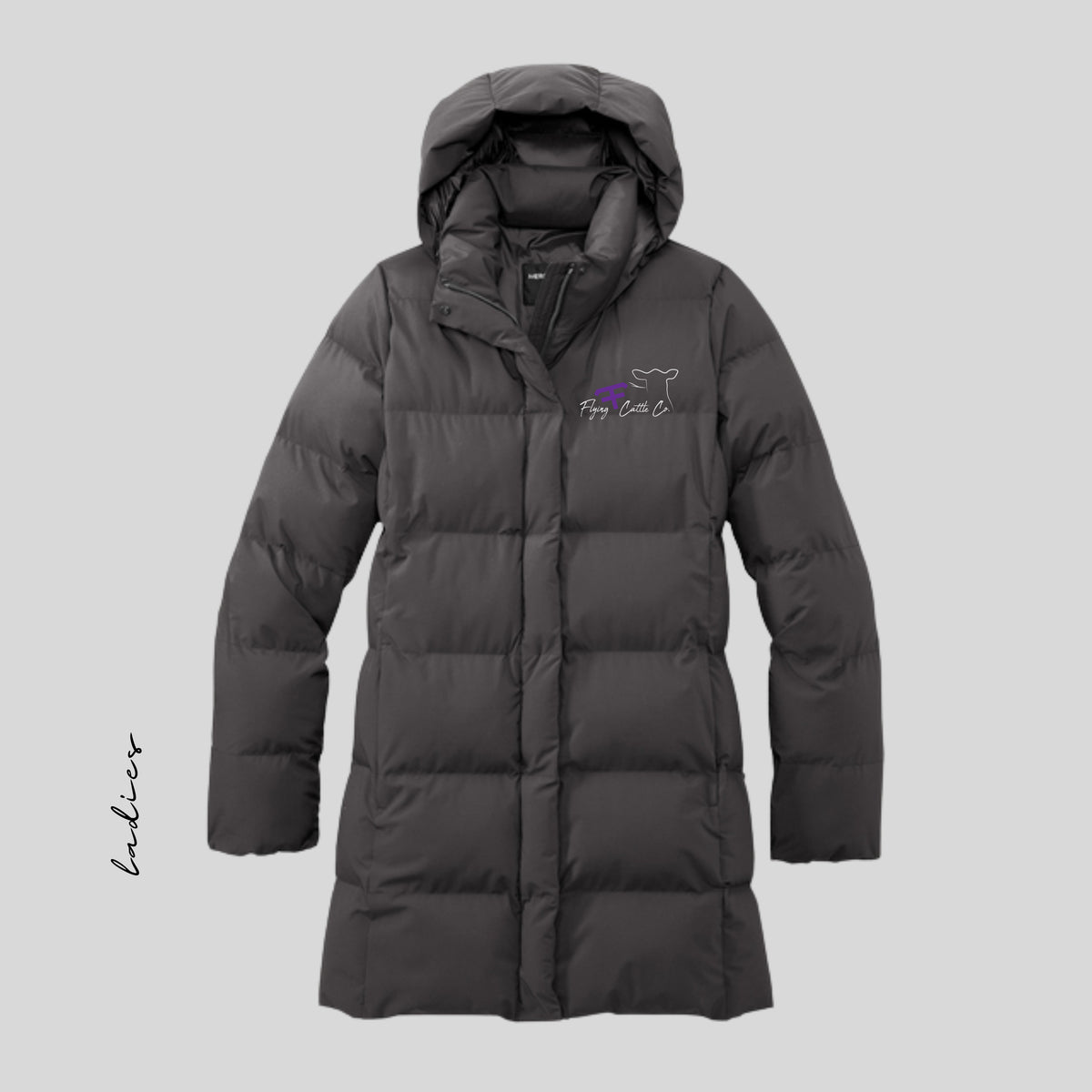 FF Embroidered Charcoal Long Women's Puffer