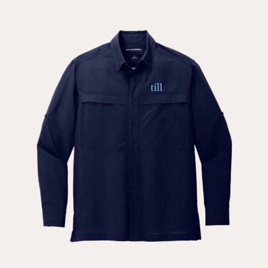 Till Embroidered Navy Long Sleeve UV Button Up