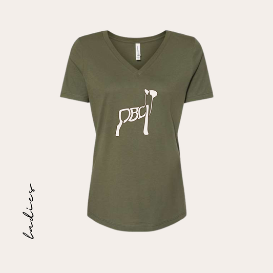 PBCL Printed Ladies Bella + Canvas Relaxed Military Green V-neck