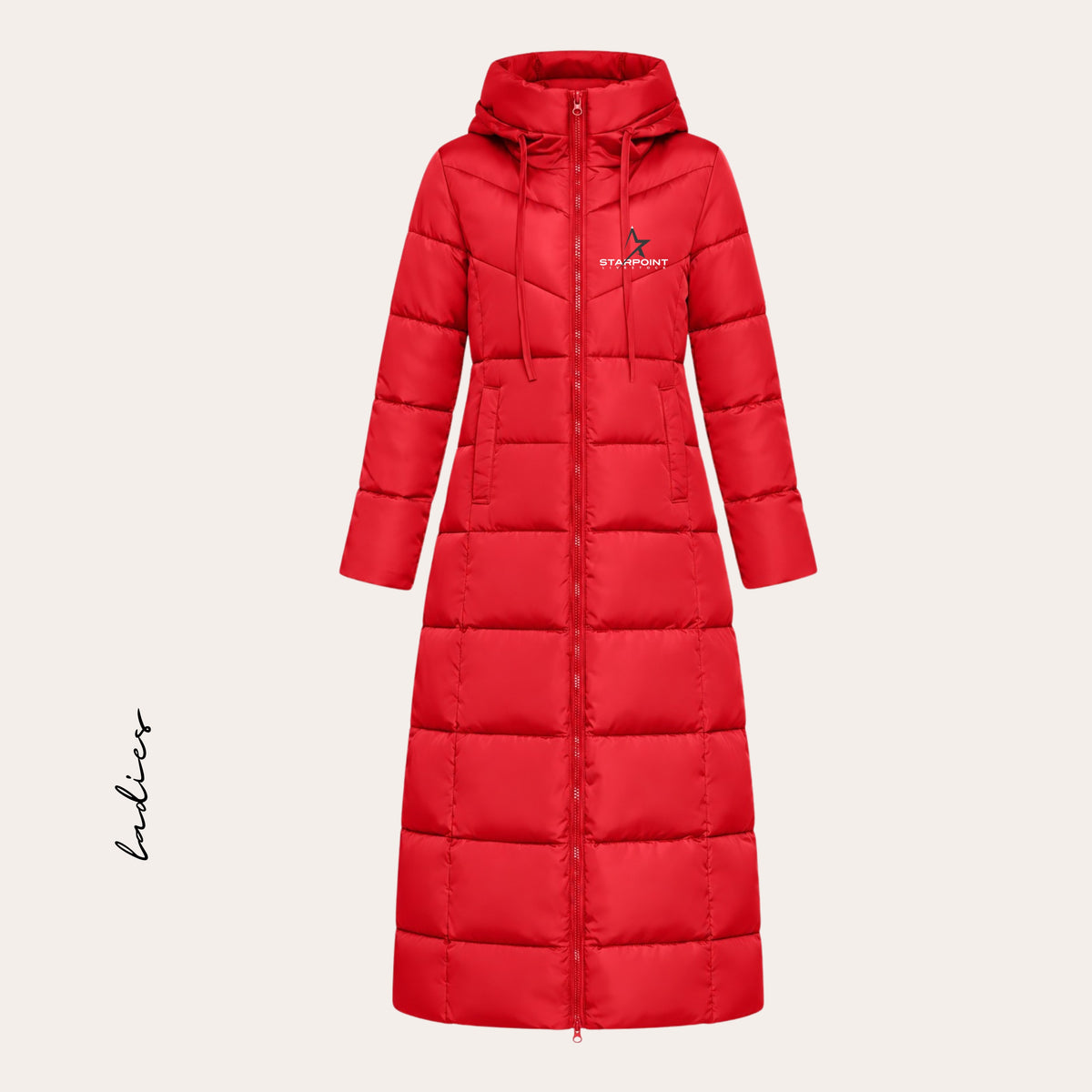 SP26 Embroidered Extra Long Red Women's Puffer